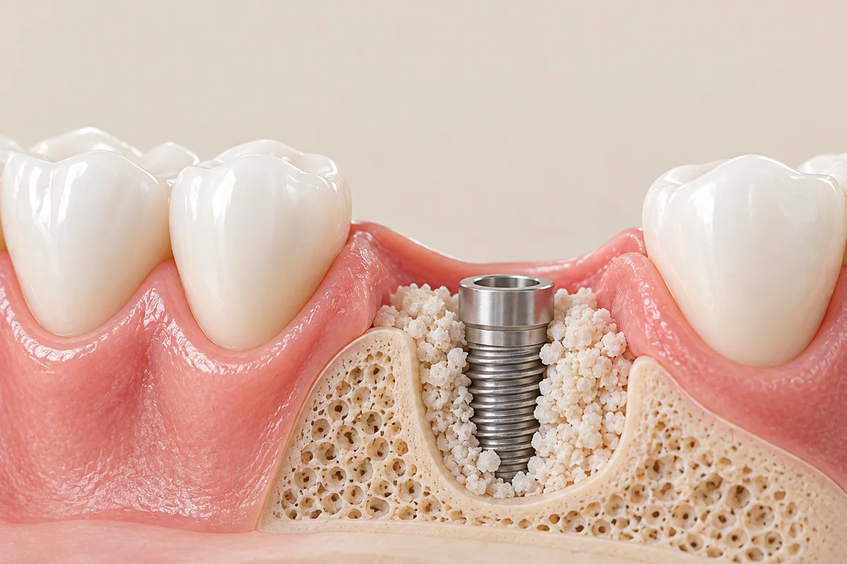 An illustration of graft material packed around an implant in the jawbone