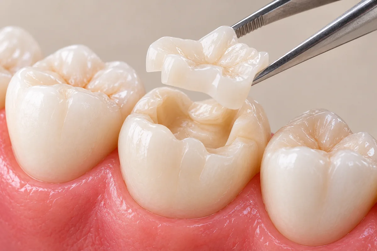An illustration of an inlay being placed into a back tooth