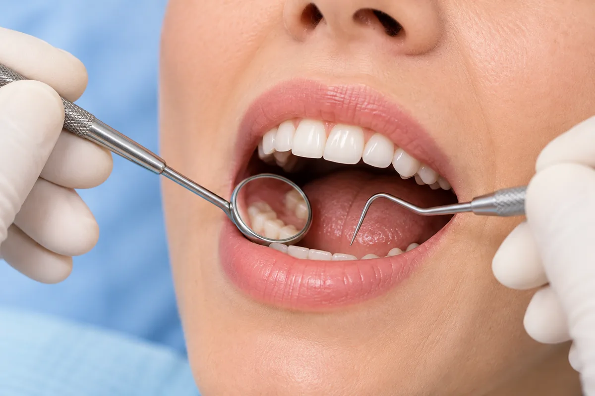 A clinician examining a patient's upper teeth with a mirror and probe